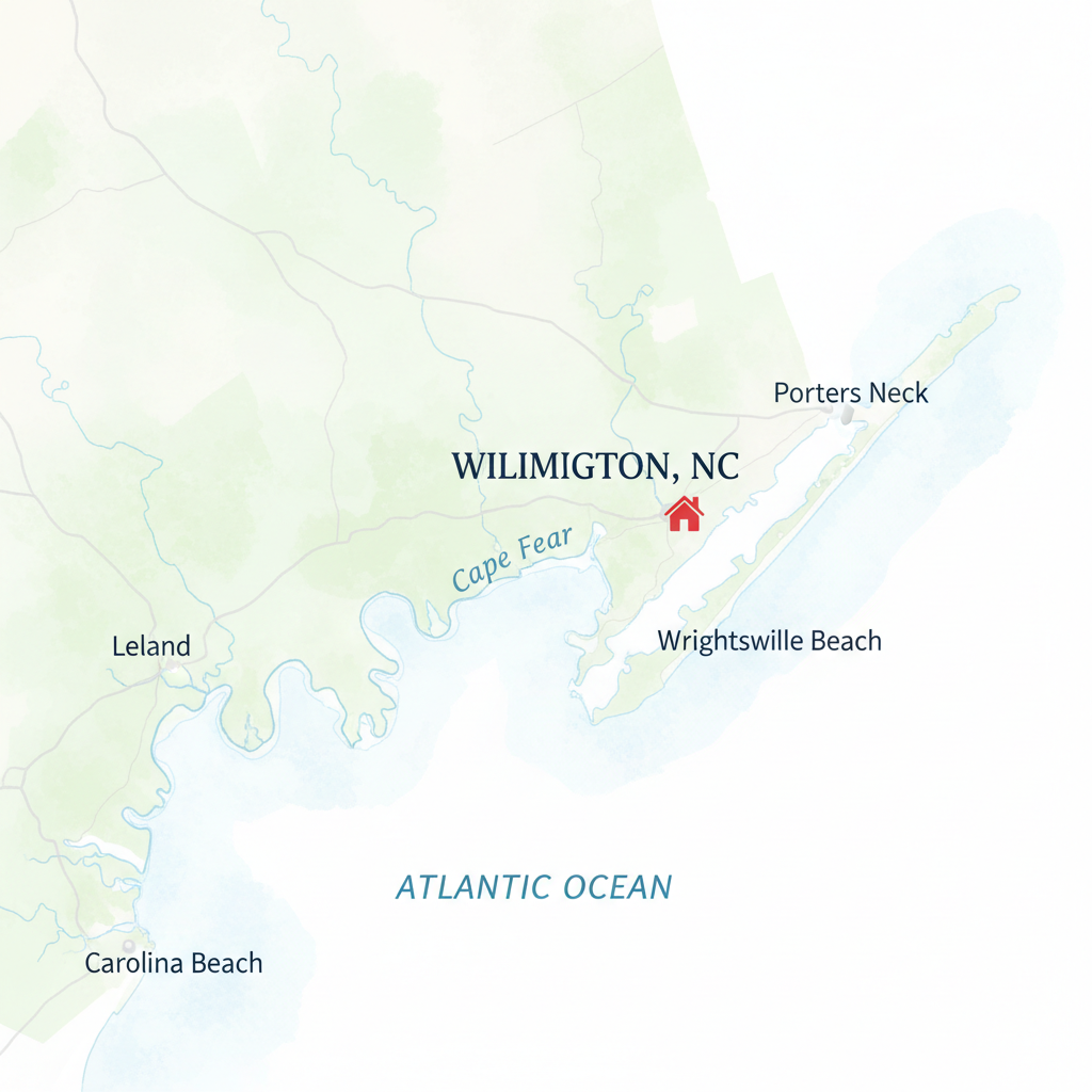 Stylized map of the Wilmington, North Carolina area